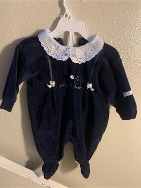 Absorba Navy One-Piece Footed Romper with White Lace Collar